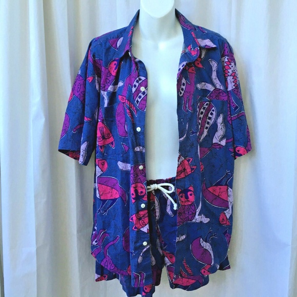 Shirt & Shorts SET Vintage 90s Cats Print Purple Pink Primitive Art Swim Beach M - Picture 11 of 11